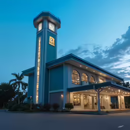 an image of a large building with lit up windows