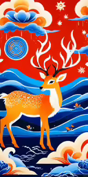 a painting of a deer on a red and blue background