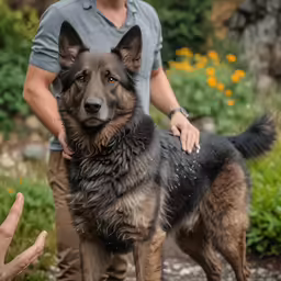 a large german shepherd is standing by itself with its owner