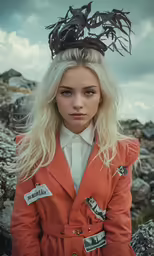 blonde haired woman wearing red coat and a metal crown with hair pins