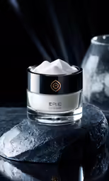 a jar of white cream sitting on top of a rock