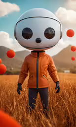 a little boy in the middle of a field wearing a robot head