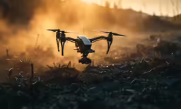 a small white plane flying through a field