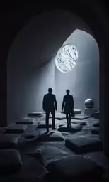 two men walk into a dimly lit room with round windows