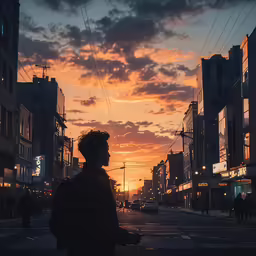 a man walking down a street at sunset