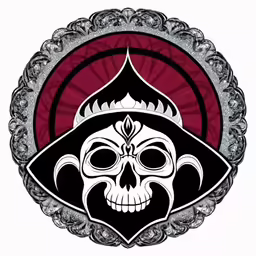 a skull with a crown is on top of a round emblem