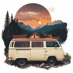 the van has been parked next to a cabin