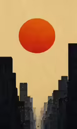 the city street has buildings, skyscrapers and an orange sun