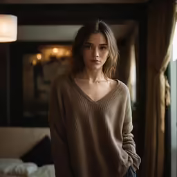a woman in a sweater looks off into the distance