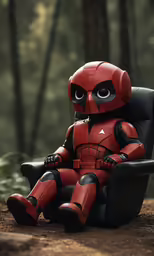 a red and black figurine sitting on top of a black chair in the woods