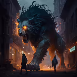 people walking past an art print of a lion