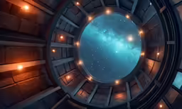 the sky through a large circular window in a building
