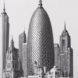 a black and white photo of buildings and skyscrapers