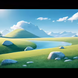 a scenic painting of rocks and grass with blue skies above