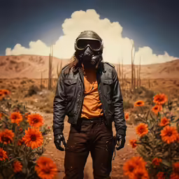 a man with a gas mask and moto jacket