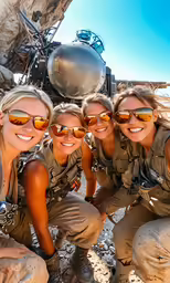 three girls dressed in military gear take a picture with their sunglasses on