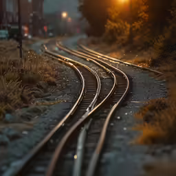 a train track stretches at night and appears to have been curved by some other tracks