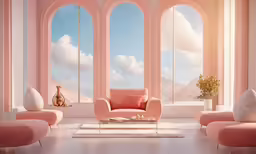 a pink living room with two chairs and large windows