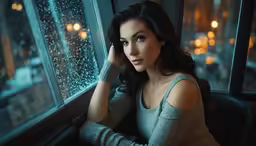 the beautiful woman is looking out the window