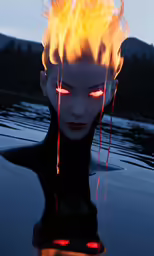 the girl is staring and it looks like it has eyes in flames