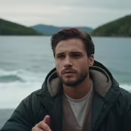 the man standing next to the water with an overcoat on