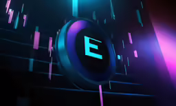 an e in front of stairs with neon lighting