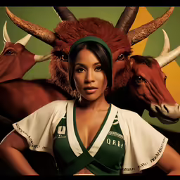 an image of a woman posing in front of a bull