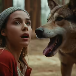 the young woman is looking at the large dog