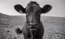 a black cow looking straight into the camera