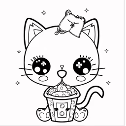 a cute kitty with big eyes holding a birthday cake
