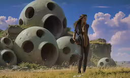 a woman with long hair is standing outside near huge cement structures