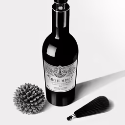 a bottle of wine next to a flower on the ground