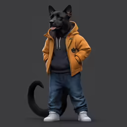 a drawing of a dog dressed in jeans and jacket