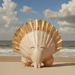 a shell is lying on the beach and making an ugly face