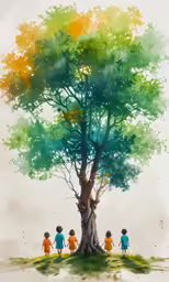 several children walking on a grassy hill by a big tree