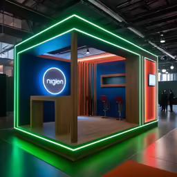 there is an exhibit booth with neon lighting in the corner