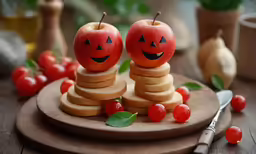 a wooden cutting board topped with apple halves