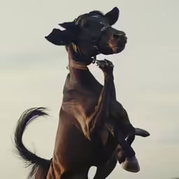 a brown horse is jumping up into the air
