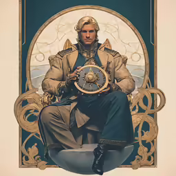 a poster that is depicting a man with a steering wheel