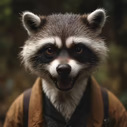 a raccoon wearing a hat and jacket looks at the camera