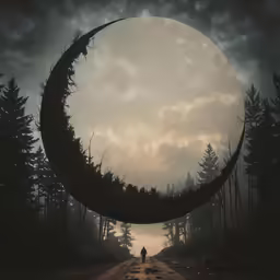 an odd photo of someone walking on a path near the woods