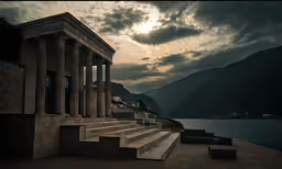 a stone building and steps that lead into water