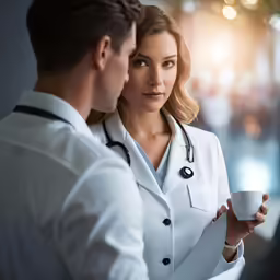a woman in a white coat is sitting at a desk and talking to another man