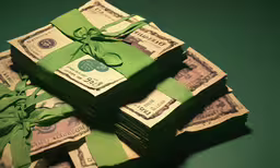 a stack of money wrapped in green bow,bundles of one dollar bills with green ribbon tied