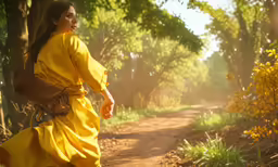 a woman in a long yellow dress is walking