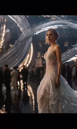 a woman wearing a gown walks on the dance floor