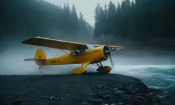 a single engine plane on a gravel shore
