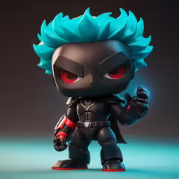 a doll with red eyes and an evil - looking suit