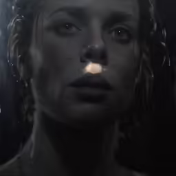 a woman with freckles and a wet face stares upward