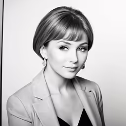 a black and white photo of a lady wearing a suit
